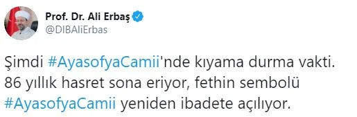 Ali Erbaş: Ayasofya'da kıyama durma vakti